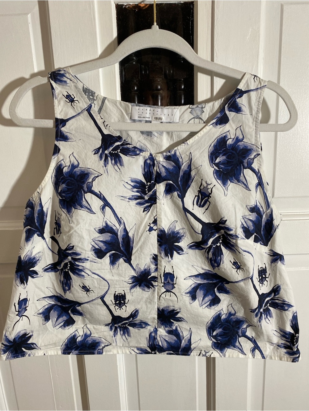 Osman Yousefzada Collective White Top with Blue Floral and Beetle Print